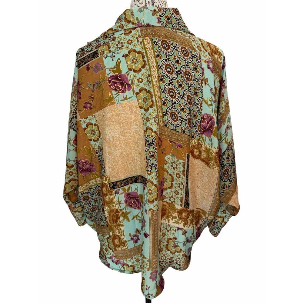 Vintage Cienna Patchwork Silk Blend Tie Front Blouse Boho Festival Top S/M - Picture 9 of 12